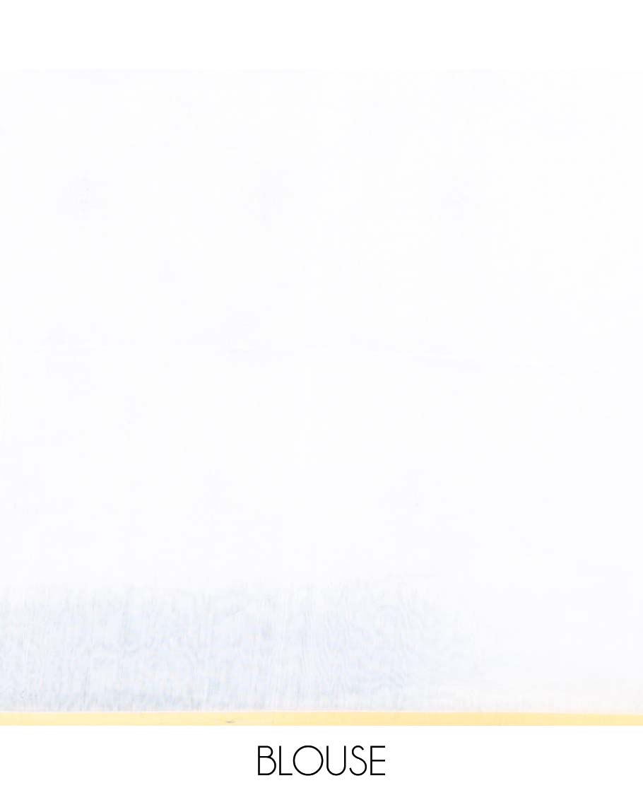 White and denim blue motifs printed linen cotton saree, contrast temple geometric patterns printed border, and pallu of human doll and geometric print