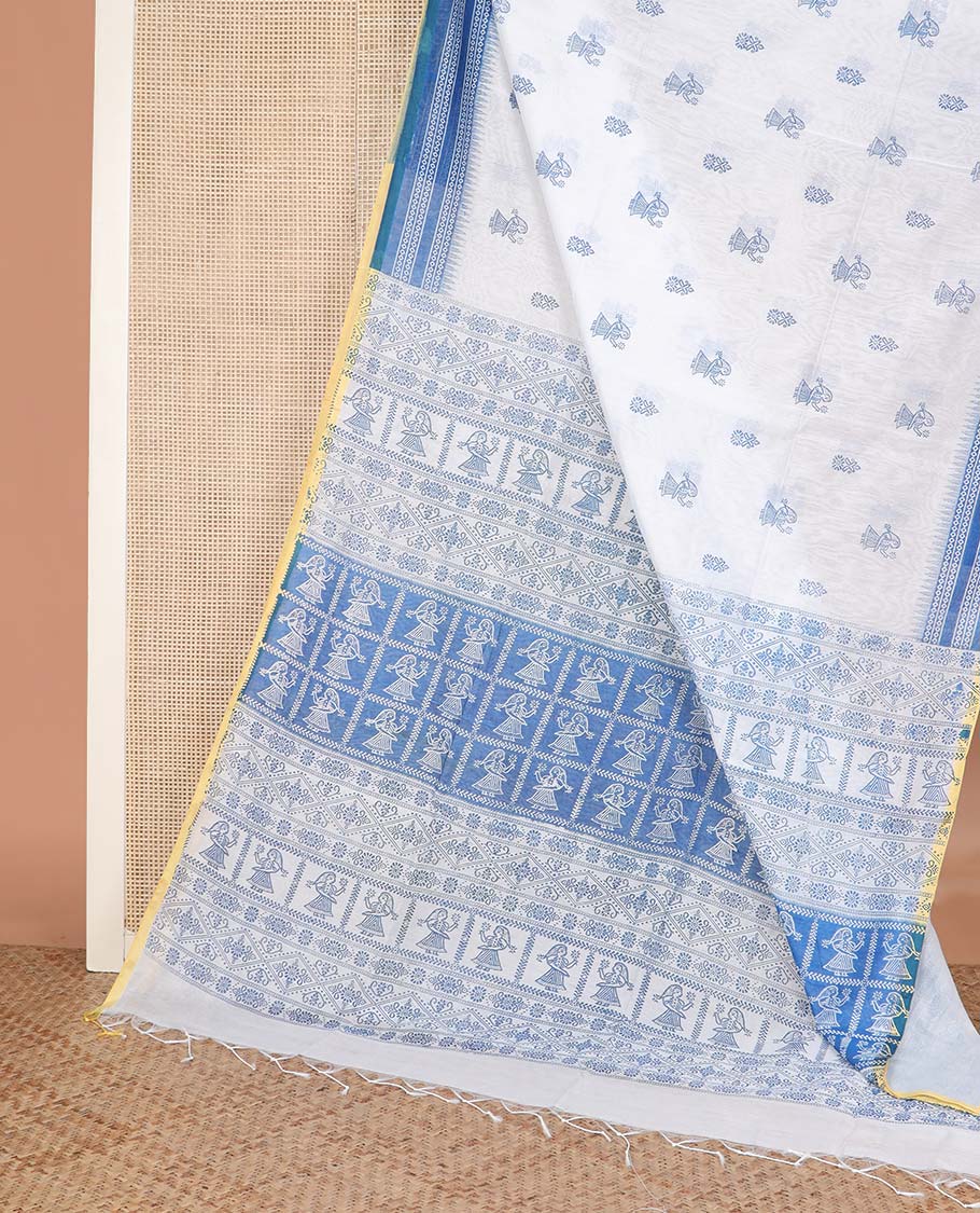 White and denim blue motifs printed linen cotton saree, contrast temple geometric patterns printed border, and pallu of human doll and geometric print