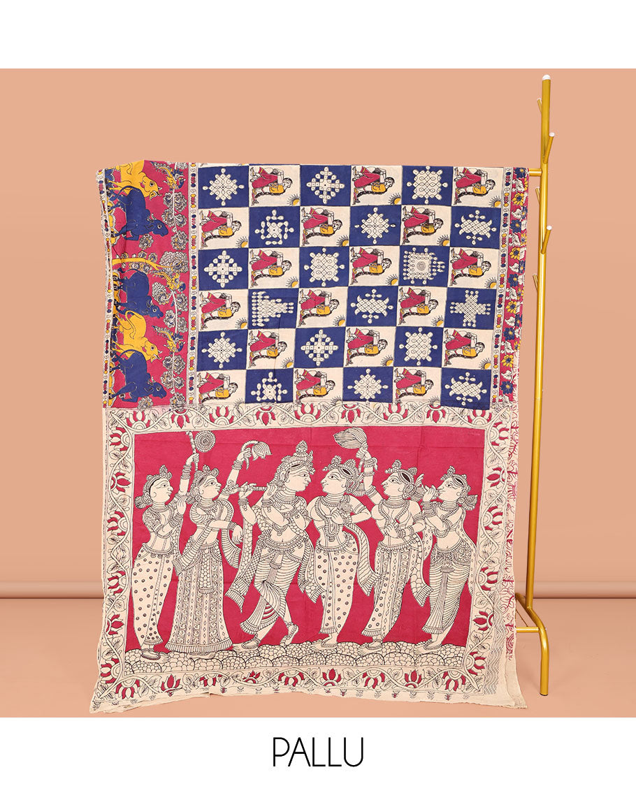 Multi-Color Machine-Printed Kalamkari Cotton Saree, Artfully Printed with Kolam and Human Motif Enclosed Checks on Its Body, Complemented by a Contrast Pichwai Cow Printed Border, Pallu of Floral Vine Print, and Paired with a Printed Blouse