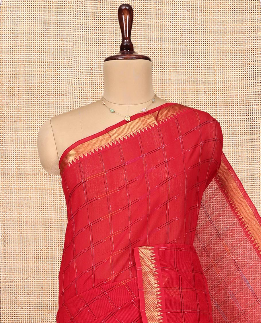 Red Mangalgiri Cotton Saree, Subtly Sparkled with Checked Design on Its Body, Zari Temple Border, Zari-Striped Pallu, and Paired with a Contrast Blouse