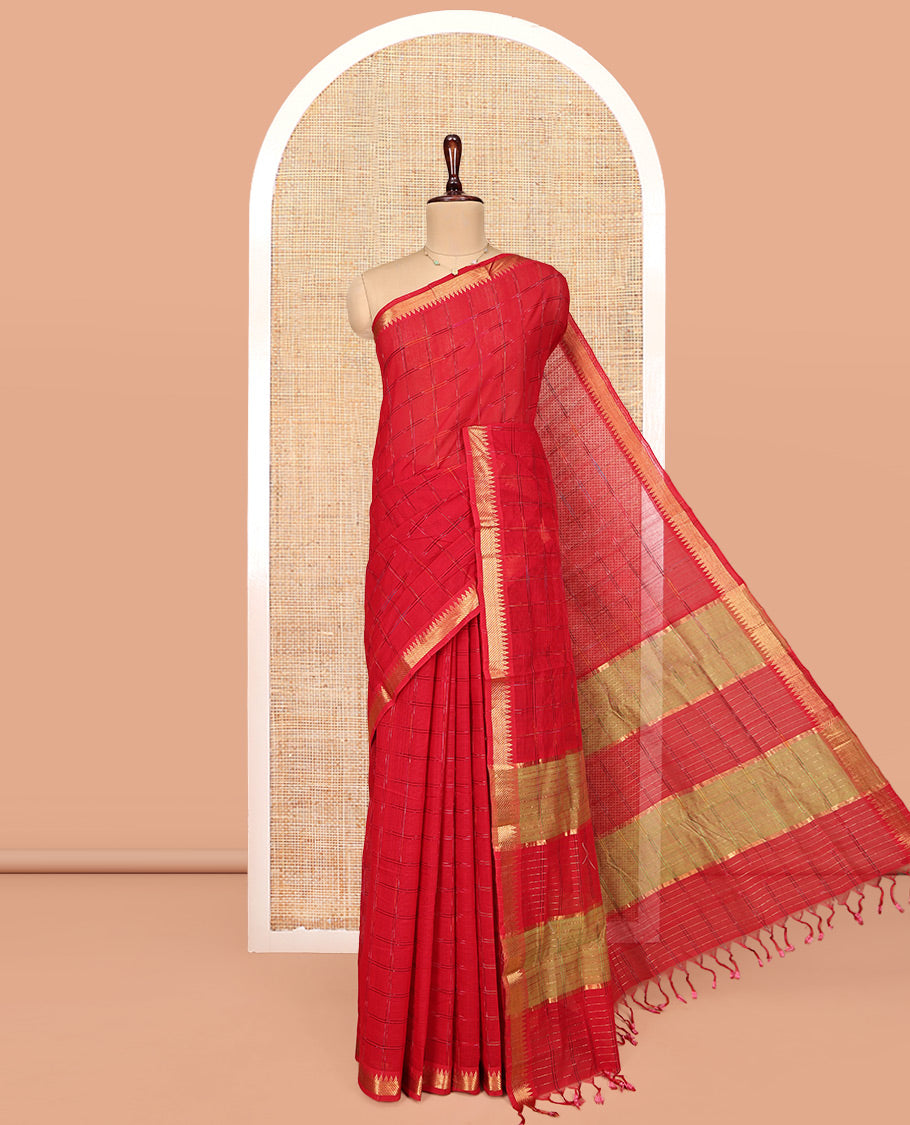 Red Mangalgiri Cotton Saree, Subtly Sparkled with Checked Design on Its Body, Zari Temple Border, Zari-Striped Pallu, and Paired with a Contrast Blouse
