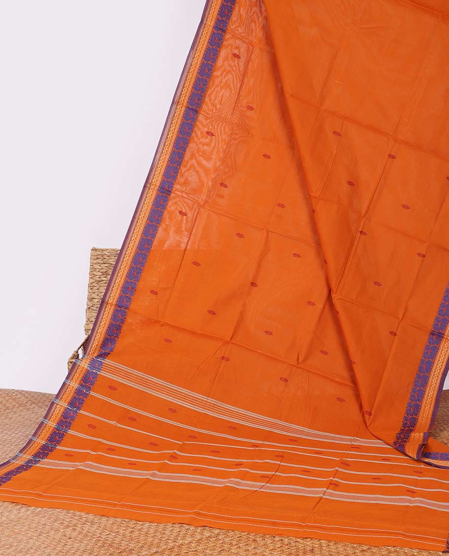 Orange buttas Chettinad cotton saree, traditional design border & striped pallu