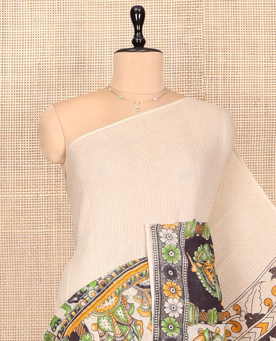 Borderless Sandal Kalamkari Cotton Saree Features Ancient Human Motifs Print, Contrast Pallu of Peacock Motifs, and a Matching Blouse