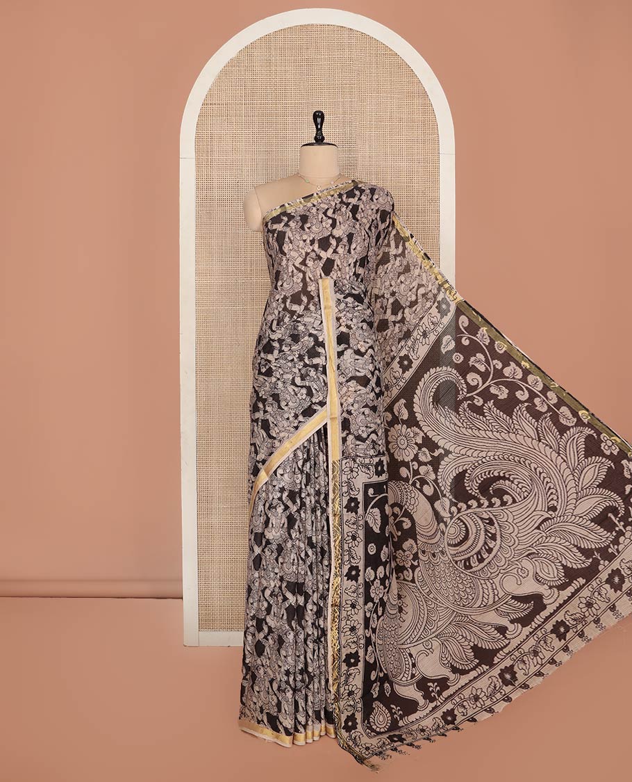 Black Machine-Printed Kalamkari Cotton Saree Features Human Motifs, a Piping Border, Pallu of Peacocks, and a Matching Blouse