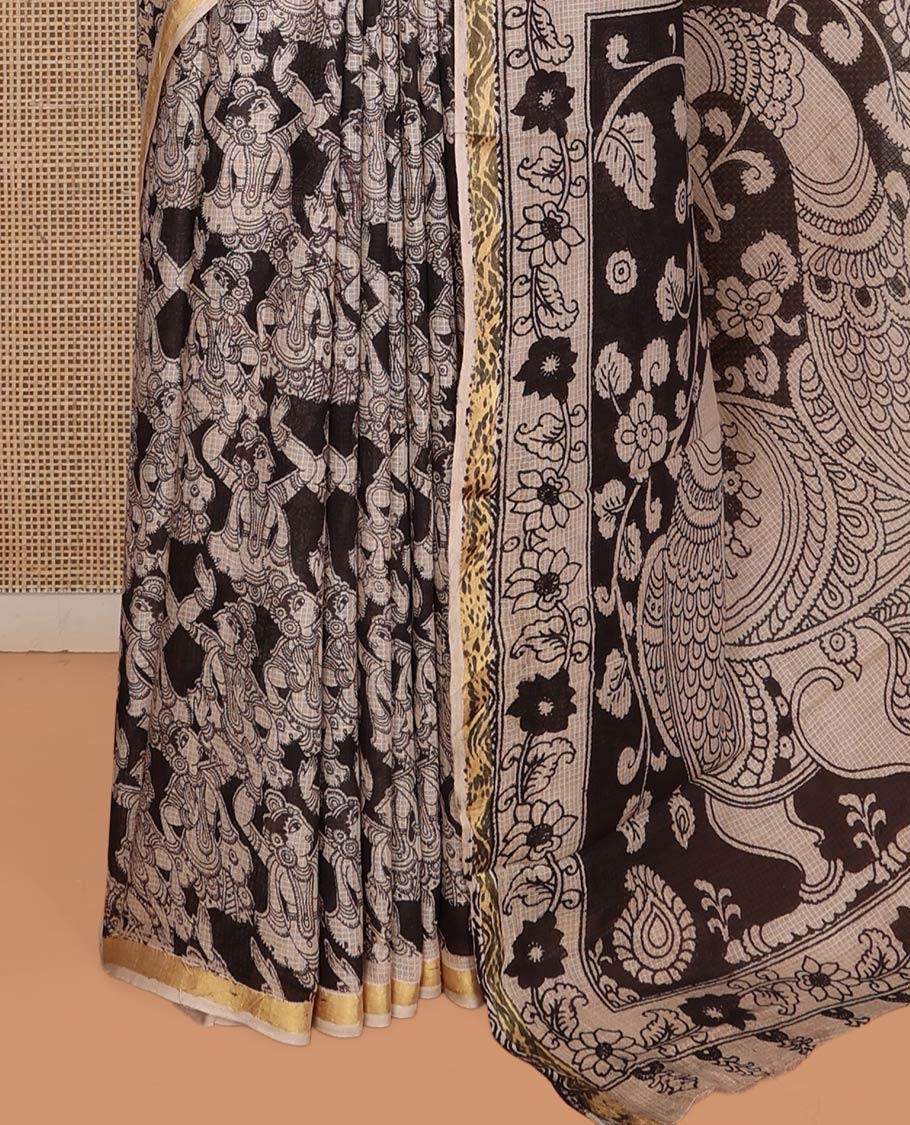 Black Machine-Printed Kalamkari Cotton Saree Features Human Motifs, a Piping Border, Pallu of Peacocks, and a Matching Blouse