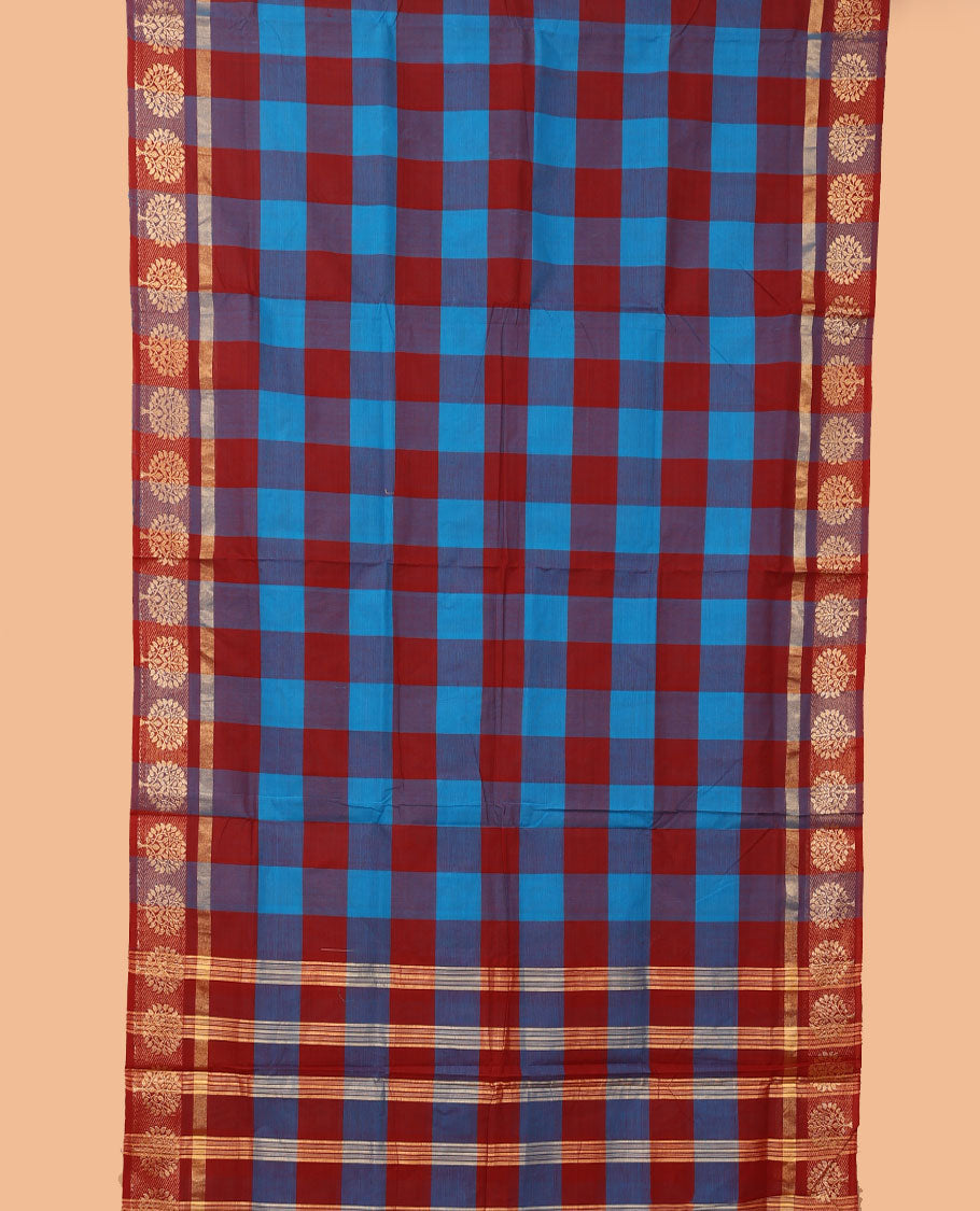 Multi-color checked nine-yard cotton saree, zari border of tree designs, and striped pallu