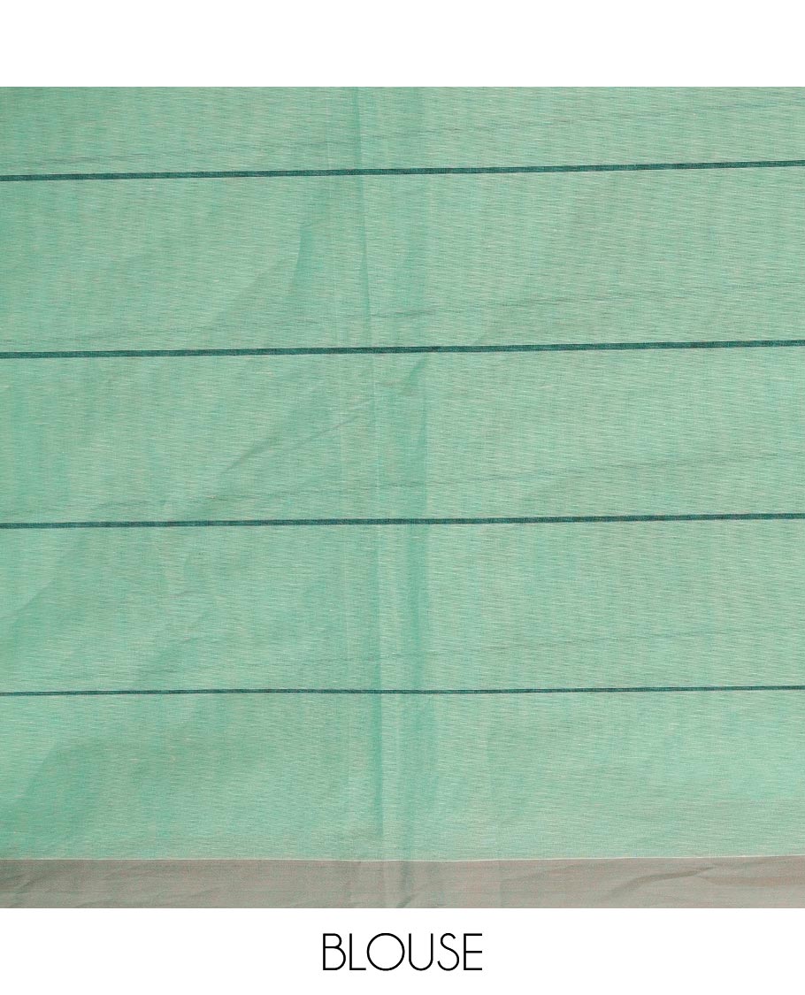 Pale green stripes, and leaf motifs Kanchi cotton saree, plain border, and floral vine design pallu