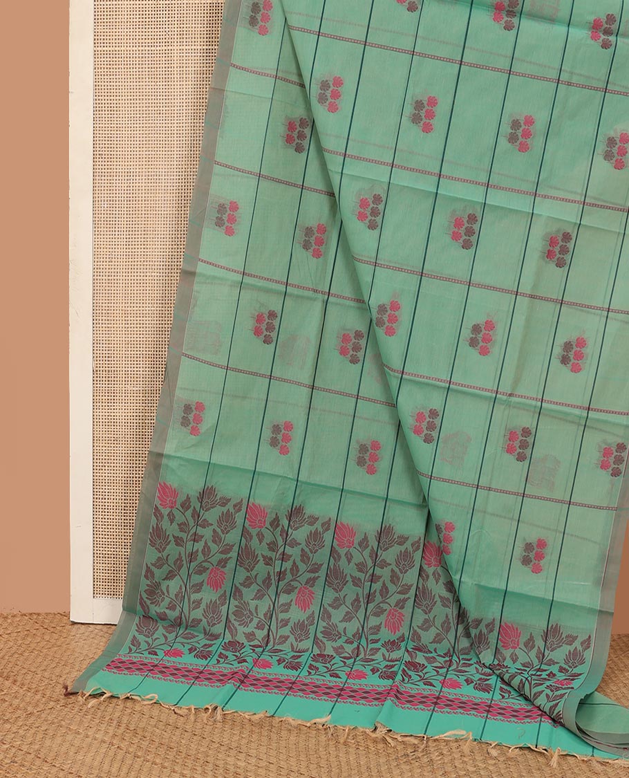 Pale green stripes, and leaf motifs Kanchi cotton saree, plain border, and floral vine design pallu