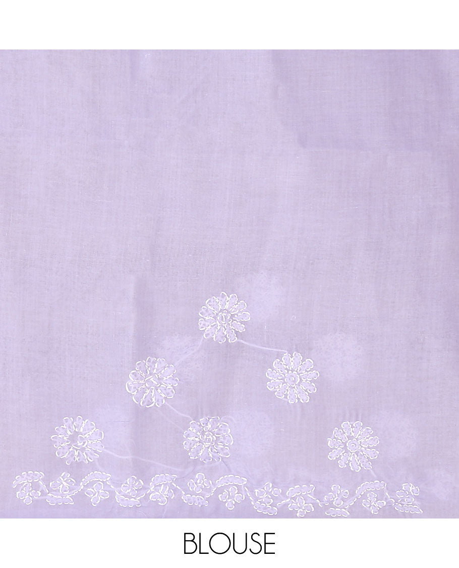 Lavender floral thread embroidered buttas Lucknowi chikankari saree, floral creeper thread embroidered border, and floral embroidered pallu