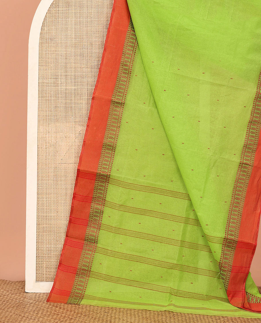 Parrot Green Bengal Cotton Saree Delicately Woven with Thread Buttas, Contrast Border, Striped Pallu, and No Blouse