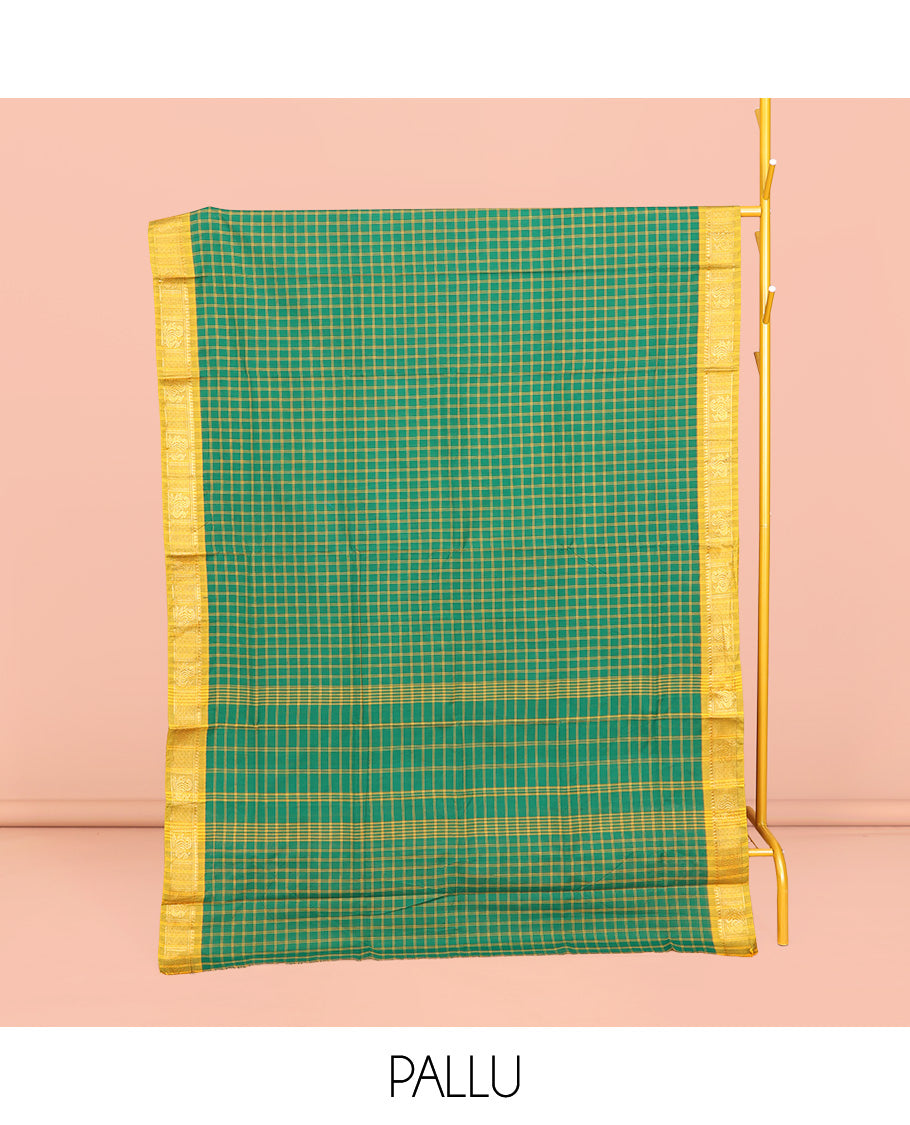 Green Chettinad Cotton Saree, Graced with Checks, Complemented by Contrast Peacock Motifs Zari Border, Pallu of Stripes, and No Blouse