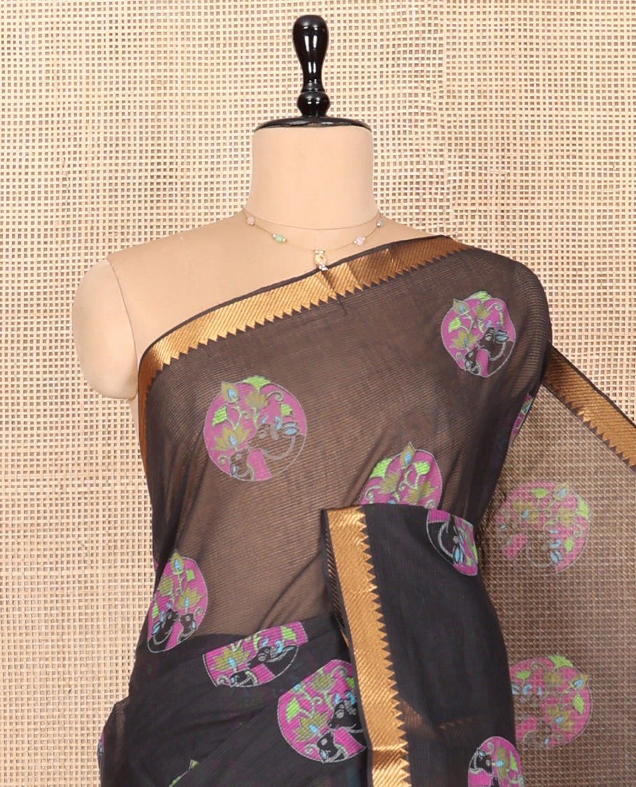 Black Andhra Cotton Saree, Boldly Accentuated with Pichwai Cow Buttas, Highlighted by a Zari Temple Border, Striped Pallu, and a Contrast Blouse