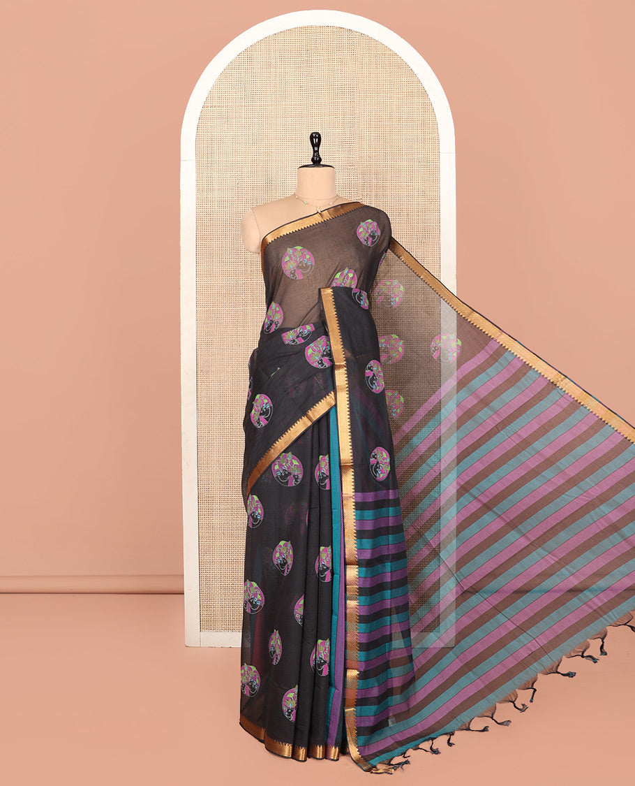 Black Andhra Cotton Saree, Boldly Accentuated with Pichwai Cow Buttas, Highlighted by a Zari Temple Border, Striped Pallu, and a Contrast Blouse
