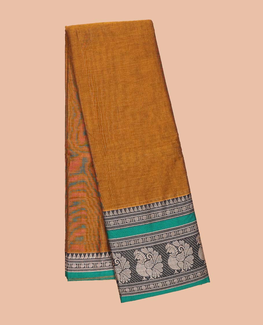 Brown plain design Narayanapet cotton saree, contrast traditional design border & striped pallu