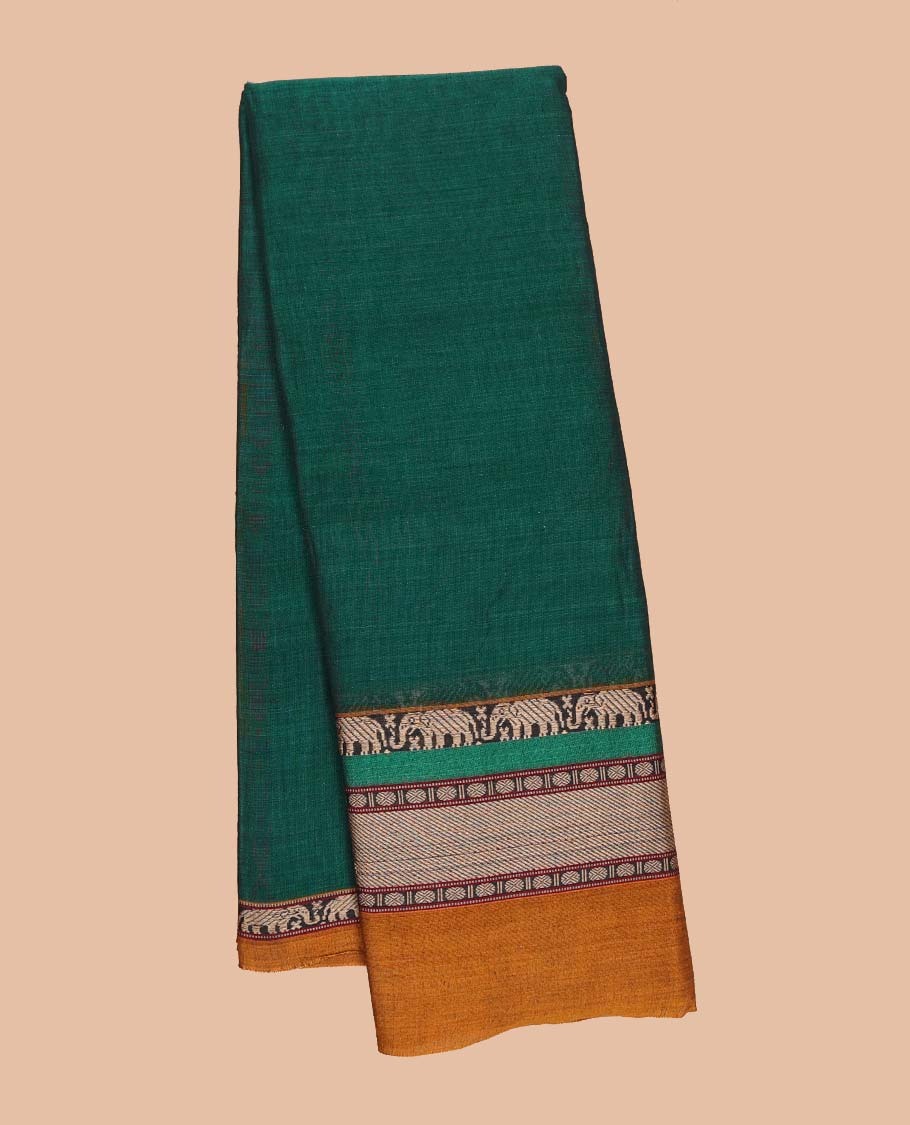 Green plain Narayanapet cotton saree, contrast traditional design border & striped pallu