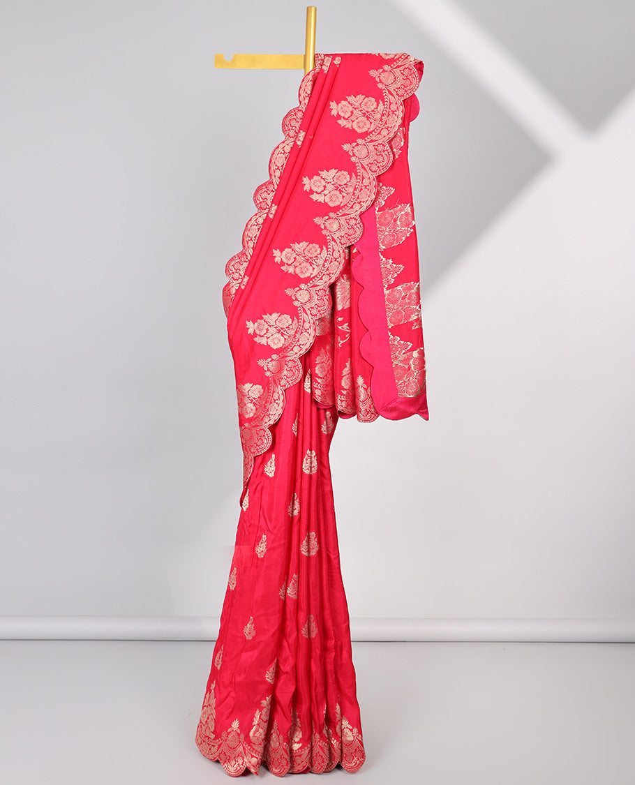 Pink floral buttas semi-banaras dola silk saree with scallop border & peacock design pallu