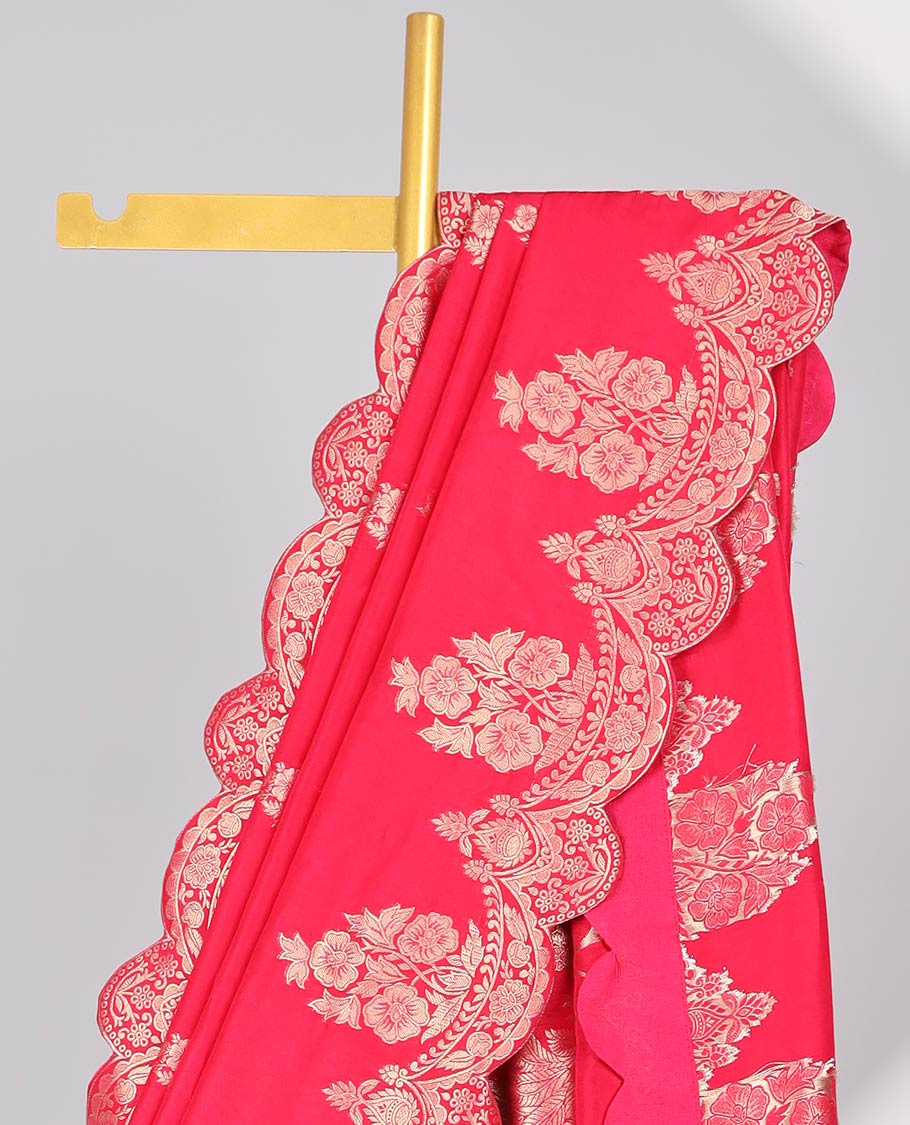 Pink floral buttas semi-banaras dola silk saree with scallop border & peacock design pallu
