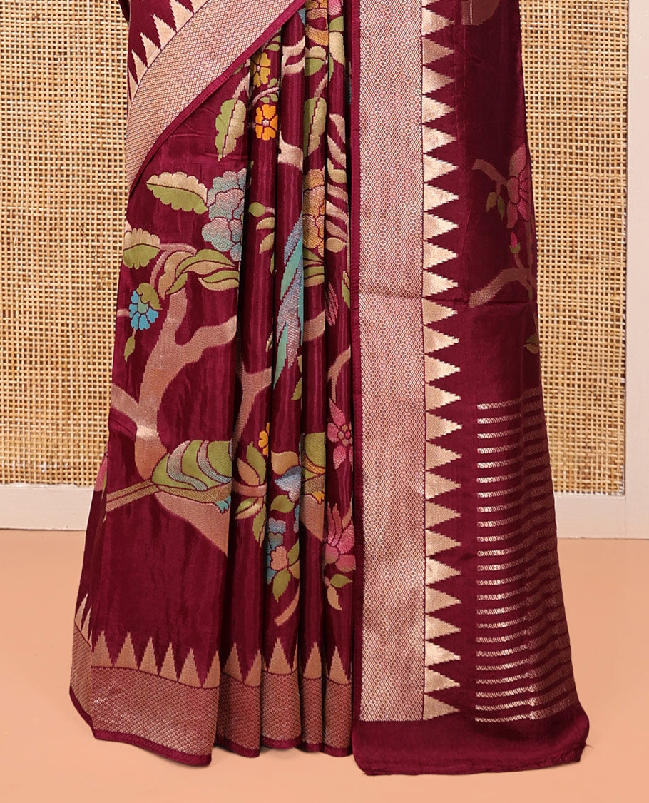 Purple Paithani Floral Motifs Dola Silk Saree, Temple Border, Matching Blouse