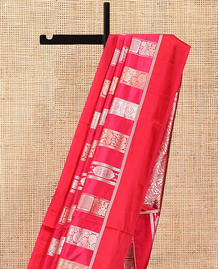 Rani Pink Dupion Silk Saree, Richly Features Vertically Woven Traditional Patterns in Zari, Complemented by Contrast Zari Satin Border, Rich Pallu, and Paired with a Matching Blouse