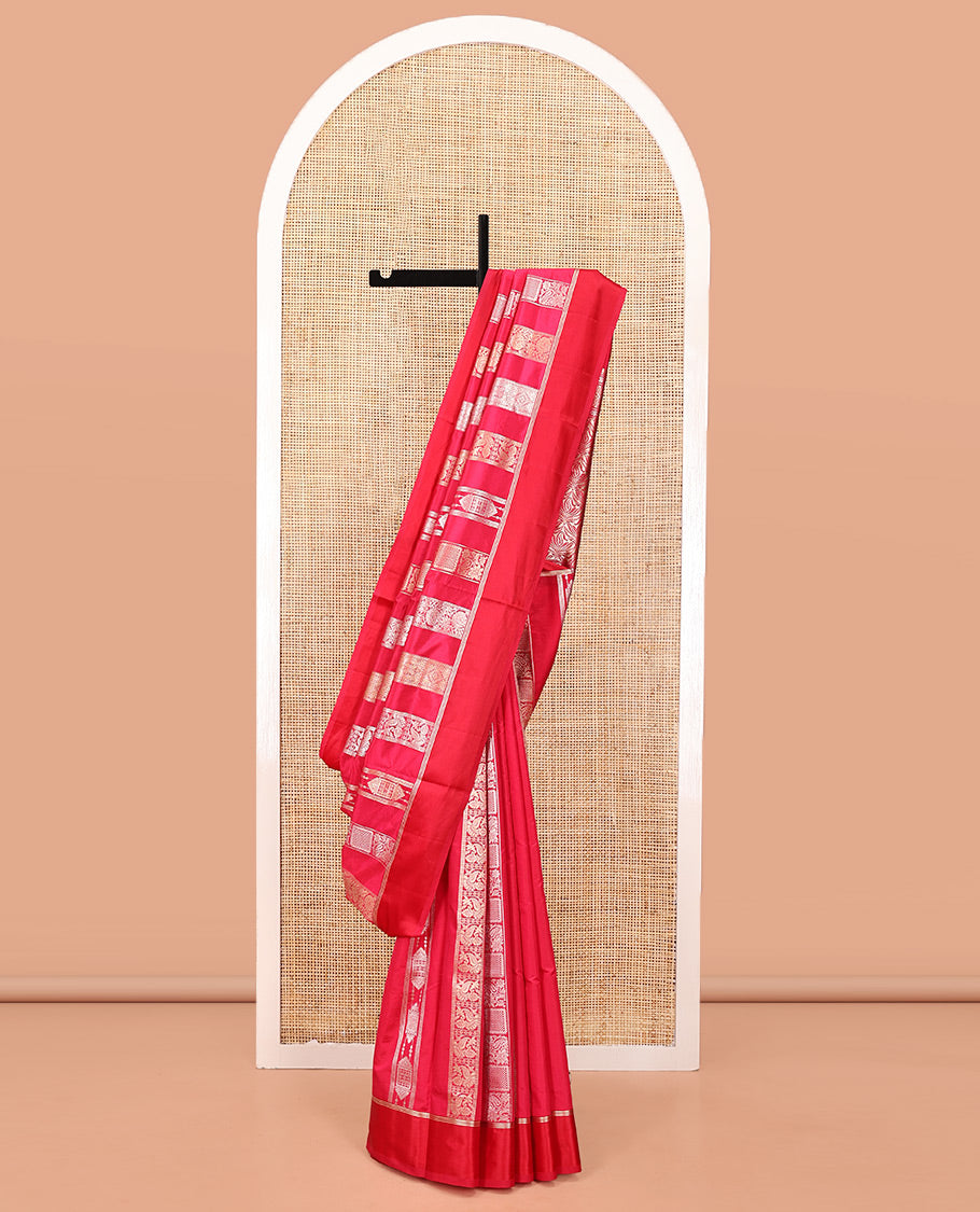 Rani Pink Dupion Silk Saree, Richly Features Vertically Woven Traditional Patterns in Zari, Complemented by Contrast Zari Satin Border, Rich Pallu, and Paired with a Matching Blouse
