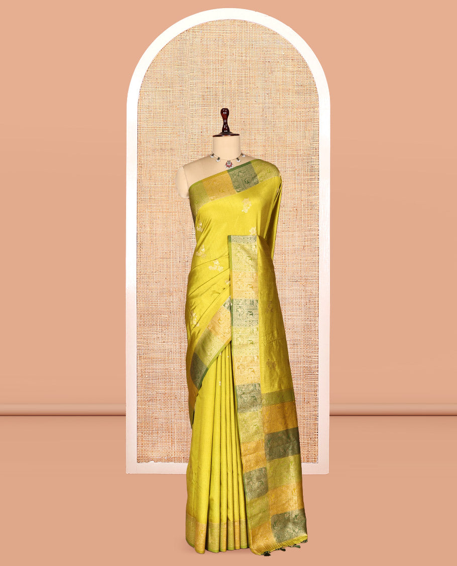 Olive Green Zari Motifs Fancy Raw Silksaree, Contrast Intricate Zari Border, Matching Blouse