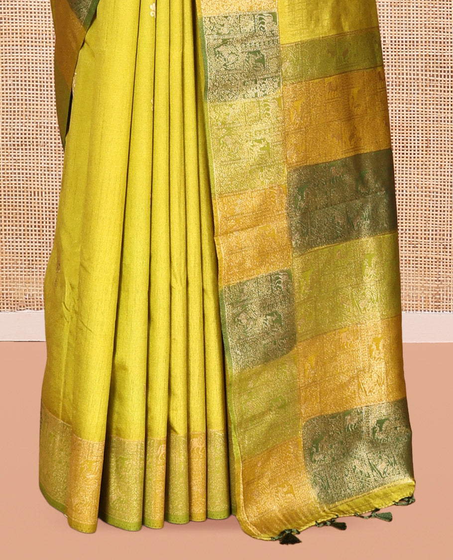 Olive Green Zari Motifs Fancy Raw Silksaree, Contrast Intricate Zari Border, Matching Blouse