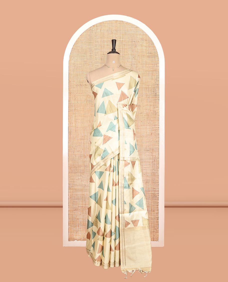 Light Yellow Fancy Tussar Silk Saree Features Triangle Motifs, Zari Border, Striped Pallu, Matching Blouse
