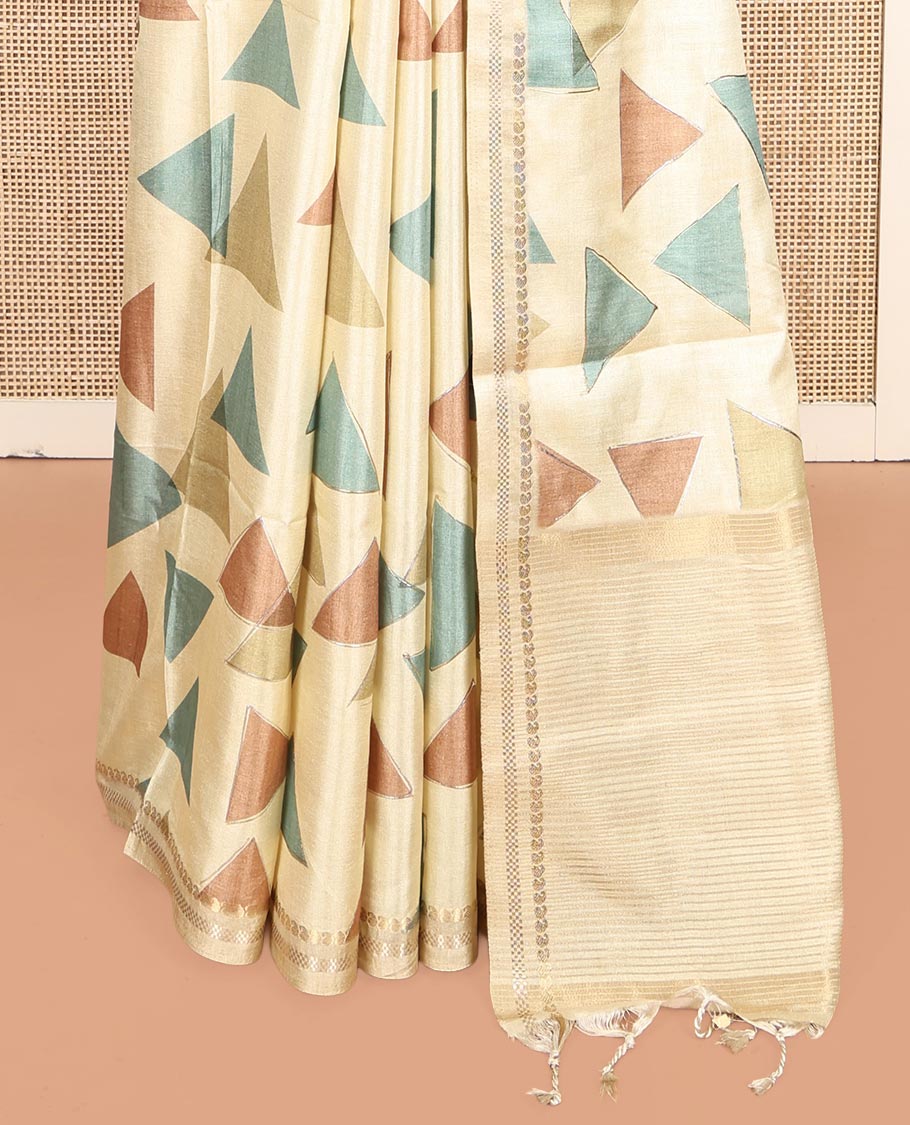 Light Yellow Fancy Tussar Silk Saree Features Triangle Motifs, Zari Border, Striped Pallu, Matching Blouse