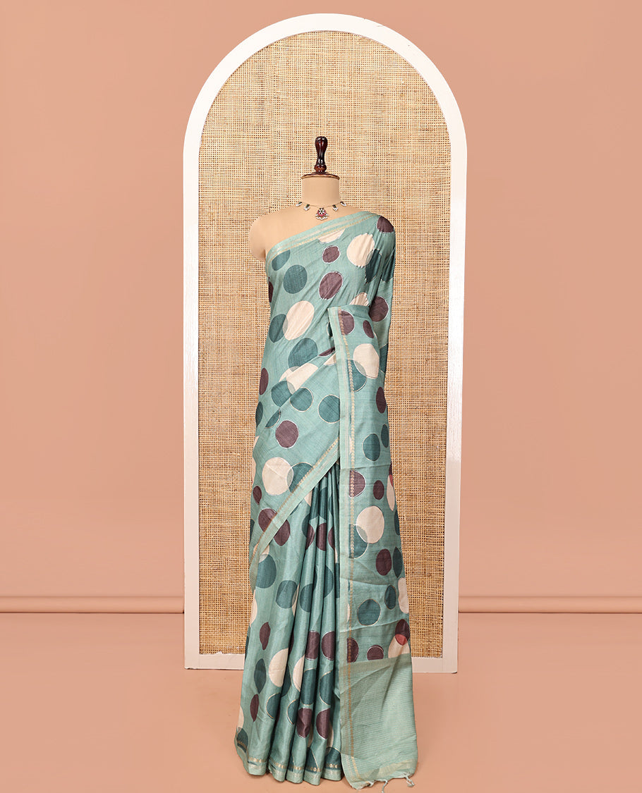 Olive Green Fancy Tussar Saree With Polka Dots, Zari Border, Pallu, and Blouse