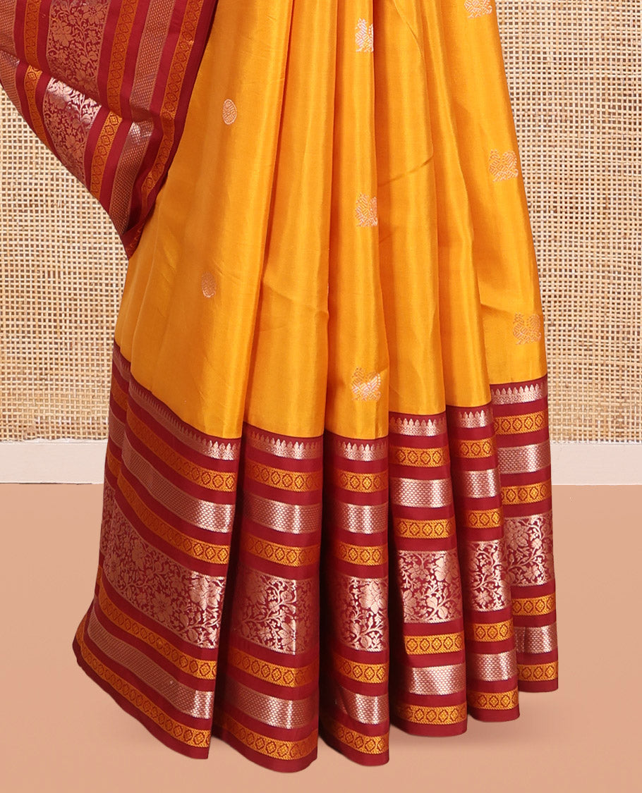 Mustard Mayil-Chakra Buttas Vasundhara Lite Silk Mix Saree, Contrast Traditional Zari Border, and a Contrast Blouse