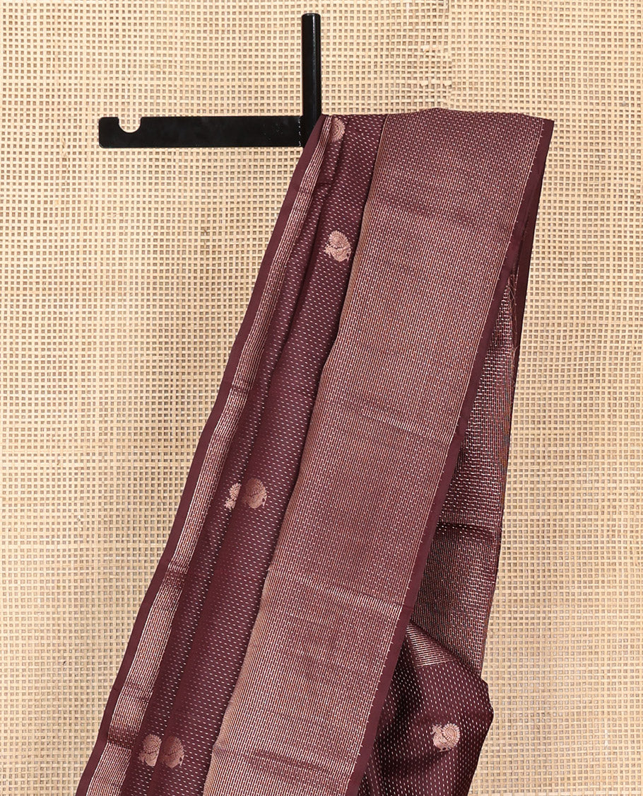 Coffee Brown Vasundhara Silk Saree, Finely Crafted with Raindrop Buttas, and Annam Chakram Bu\ttas on Its Body, Highlighted by a Zari Geometric-Textured Border, Gleaming Copper-Colored Zari Pallu of Jaal Designs, and Paired with a Matching Blouse