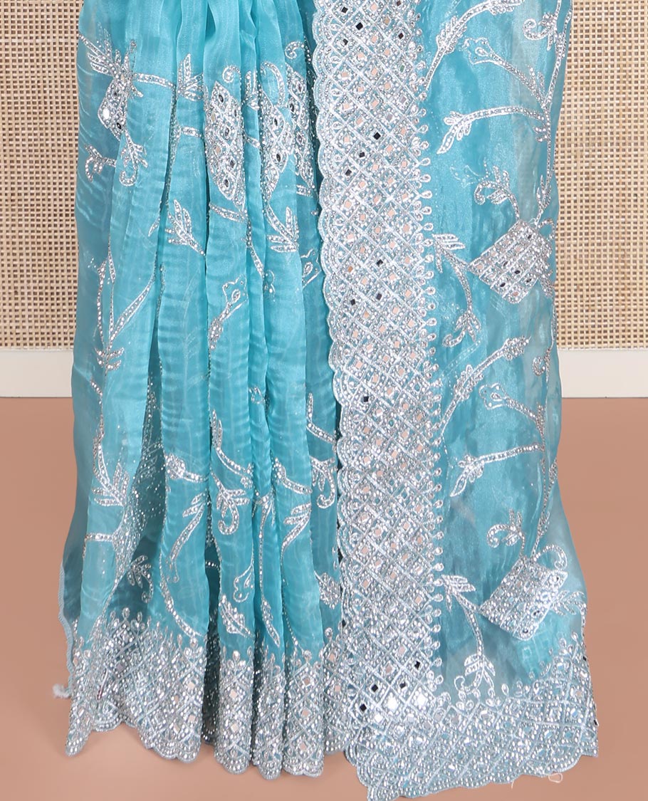 Pale Blue Designer Saree, Richly Detailed with Floral-Jaal Style Mixed Embroidery on Its Body, Highlighted by Jaal-Patterned Scallop Embroidered Border, Self-Design Pallu, and Paired with a Heavy Embroidered Matching Blouse