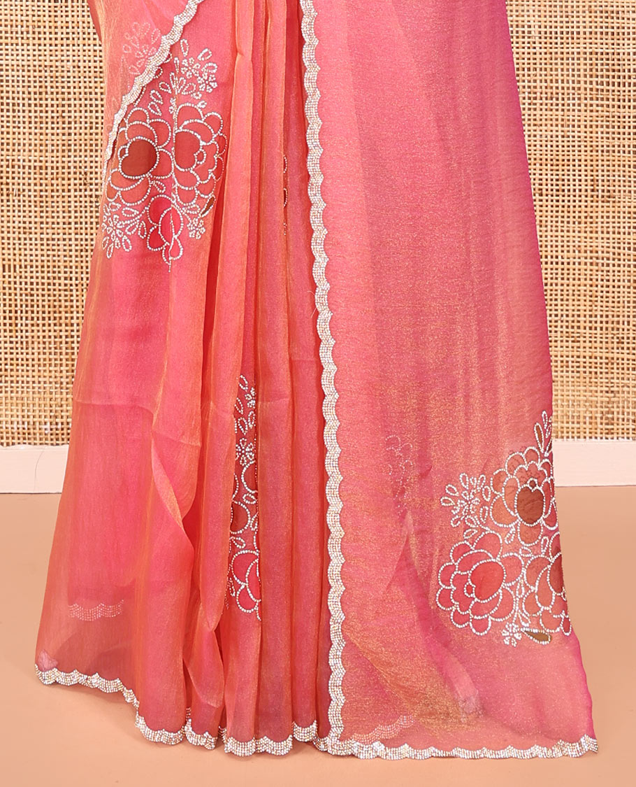 Pink Designer Saree, Creatively Designed with Floral Print and Outline Embroidery On Its Body, Scallop Stone Work Border, and Paired with a Matching Blouse