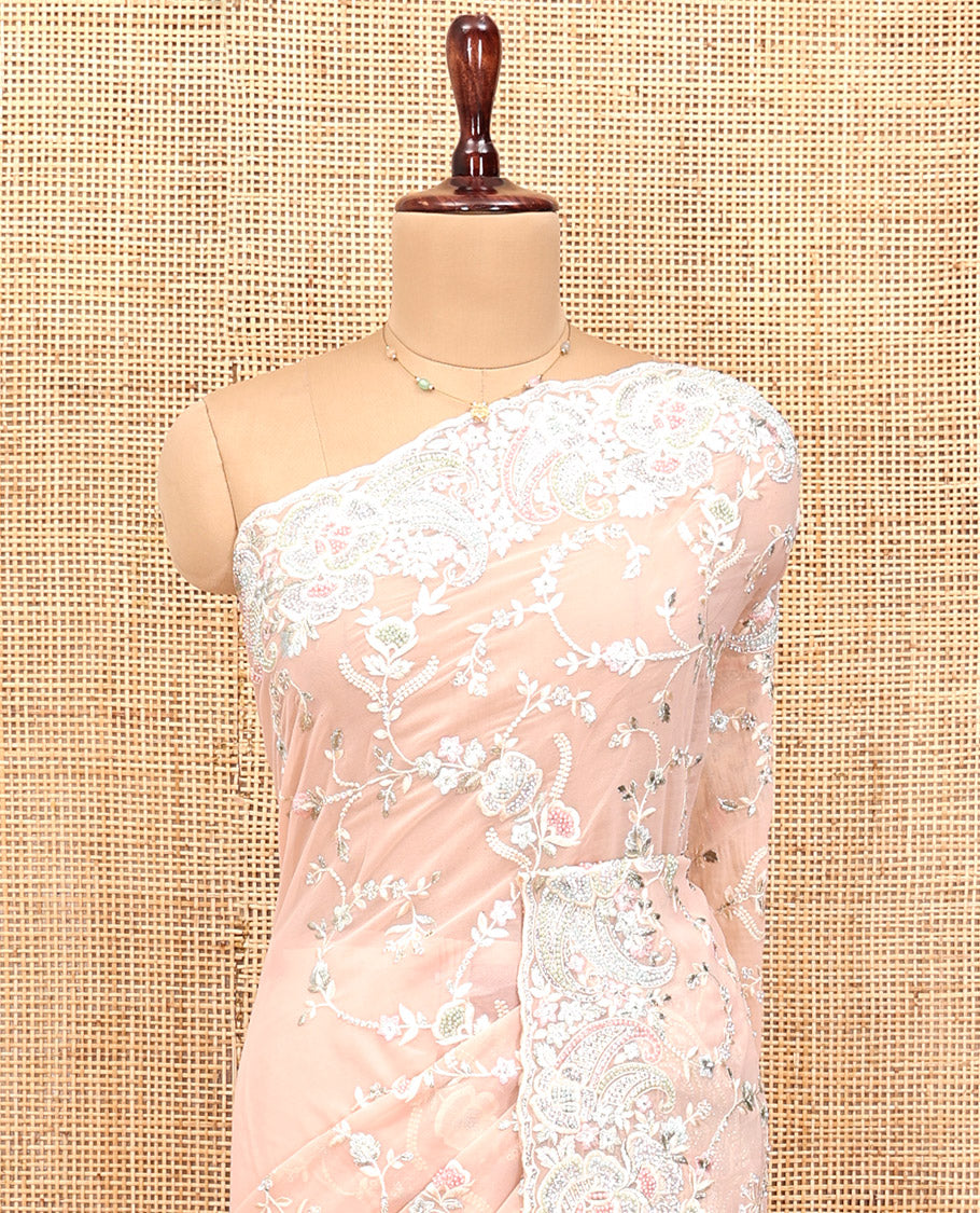 Peach Designer Saree, Impeccably Styled with Floral-Paisley Embroidery, a Scallop Heavy Embroidered Border, and a Matching Blouse
