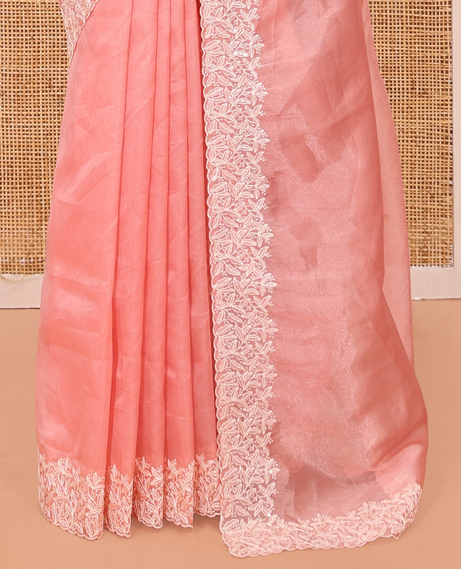Peach Plain Organza Saree, Floral Vine Sequins Embroidery Border, and Matching Blouse