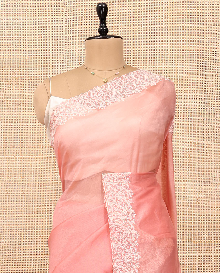 Peach Plain Organza Saree, Floral Vine Sequins Embroidery Border, and Matching Blouse