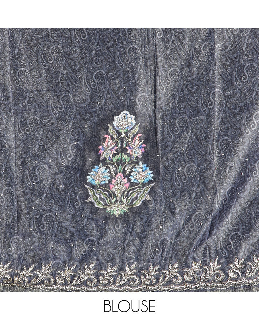 Graphite grey geometric printed designer saree, vine design stone embroidered scallop border