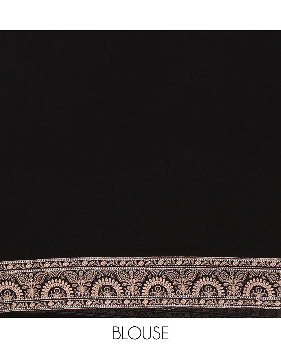 Black base antique gold thread embroidered designer saree features Mughal style floral, and paisleys
