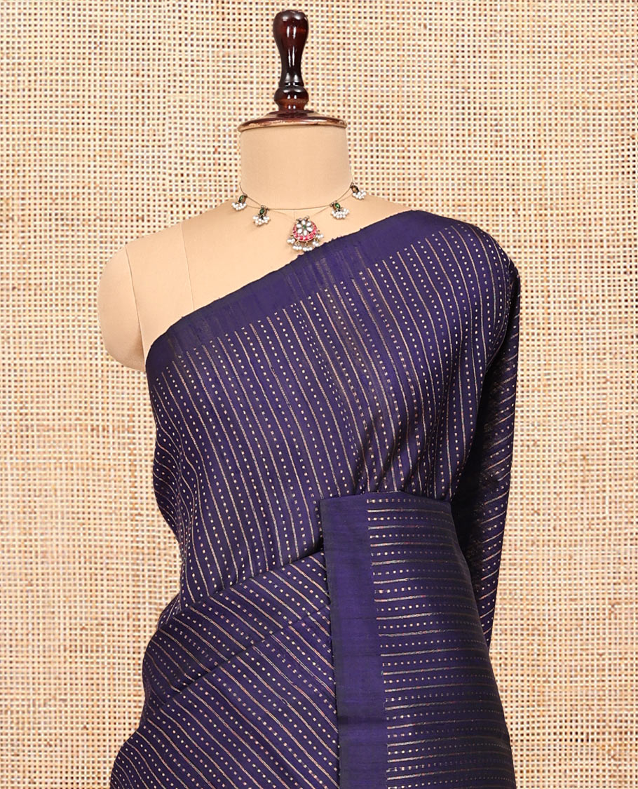 Blue Dupion Silk Saree, Steeped in Richness of Stripes and Buttas, a Self-Border, Gleaming Zari Temple Pallu, and a Matching Blouse