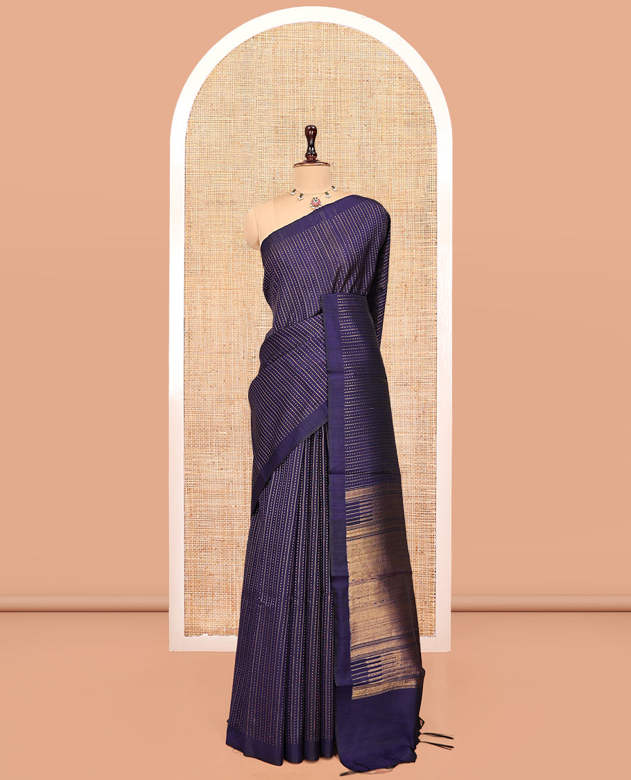 Blue Dupion Silk Saree, Steeped in Richness of Stripes and Buttas, a Self-Border, Gleaming Zari Temple Pallu, and a Matching Blouse