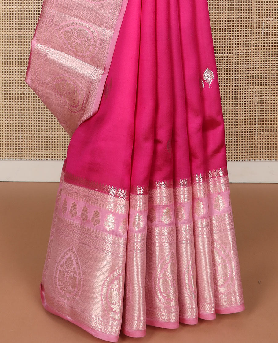 Pink floral motifs raw mango silk saree with self zari design & floral design pallu