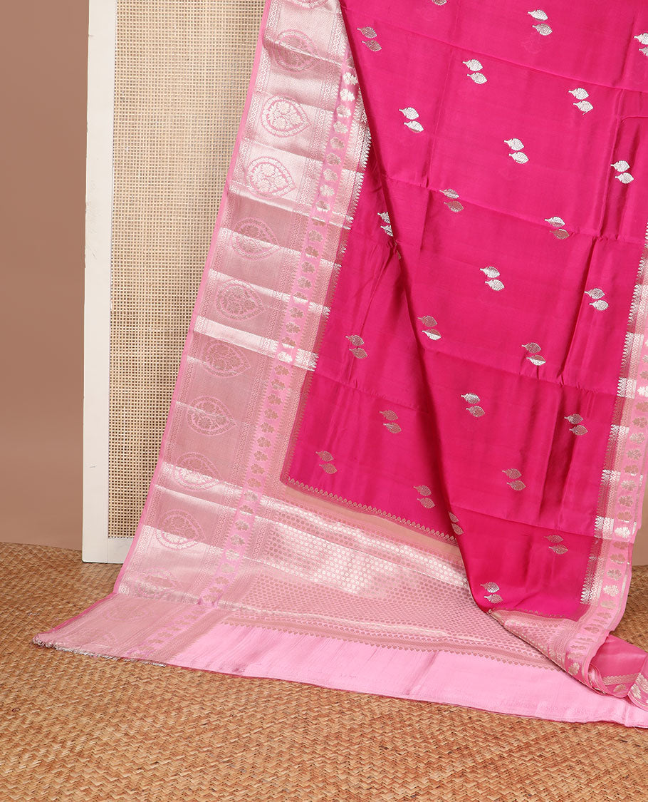 Pink floral motifs raw mango silk saree with self zari design & floral design pallu