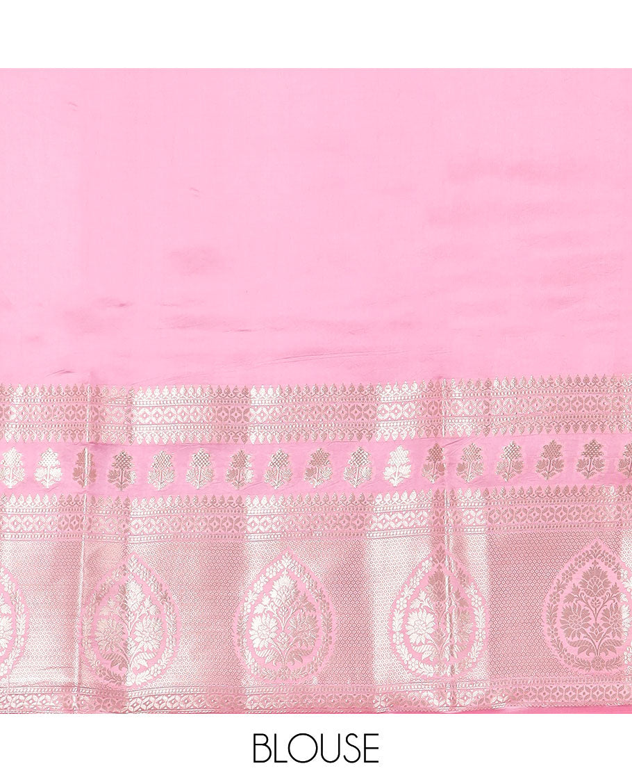 Pink floral motifs raw mango silk saree with self zari design & floral design pallu