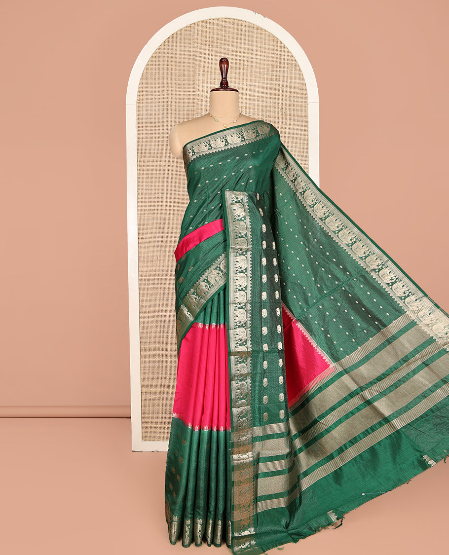 Green Dupion Silk Saree Features Half-And-Half and Zari Buttas, and Checks, Complemented by a Contrast Traditional Zari Border, Zari Striped Pallu, and a Contrast Blouse