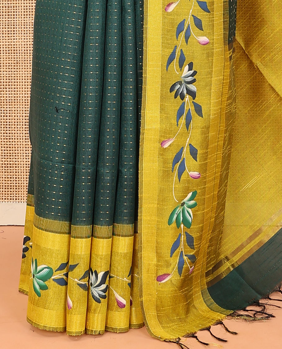Green dobby buttas dupion saree, contrast hand-brushing-style floral creeper border, and plain pallu