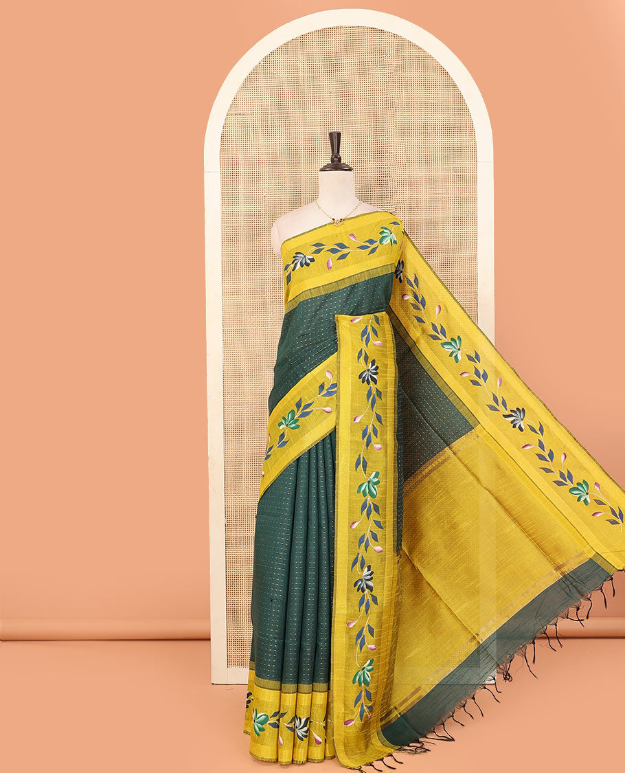 Green dobby buttas dupion saree, contrast hand-brushing-style floral creeper border, and plain pallu
