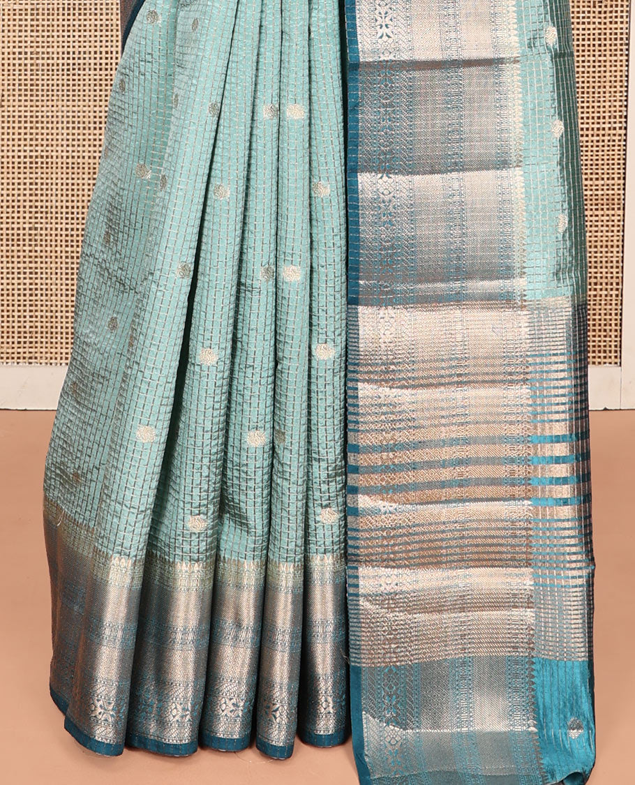 Blue Semi-Banarasi Dupion Saree, Gleamed Up with Zari Checks and Buttas, a Contrast Traditional Zari Design Border, Striped Pallu, and a Contrast Blouse