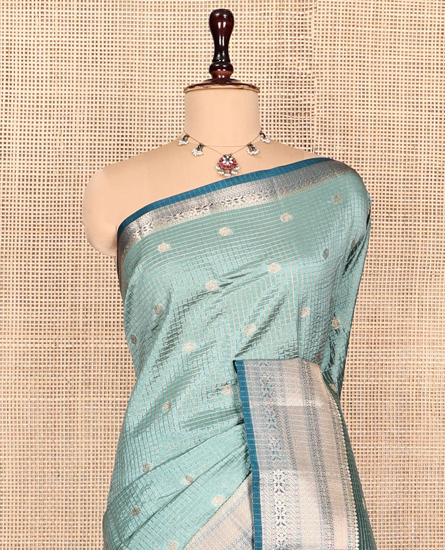 Blue Semi-Banarasi Dupion Saree, Gleamed Up with Zari Checks and Buttas, a Contrast Traditional Zari Design Border, Striped Pallu, and a Contrast Blouse