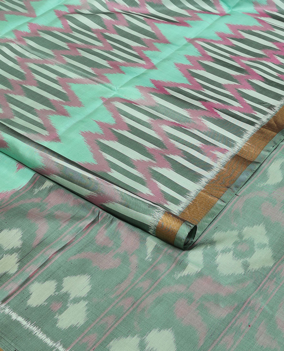 Blue chevron design pure ikkat saree, plain border & contrast geometric patterned pallu