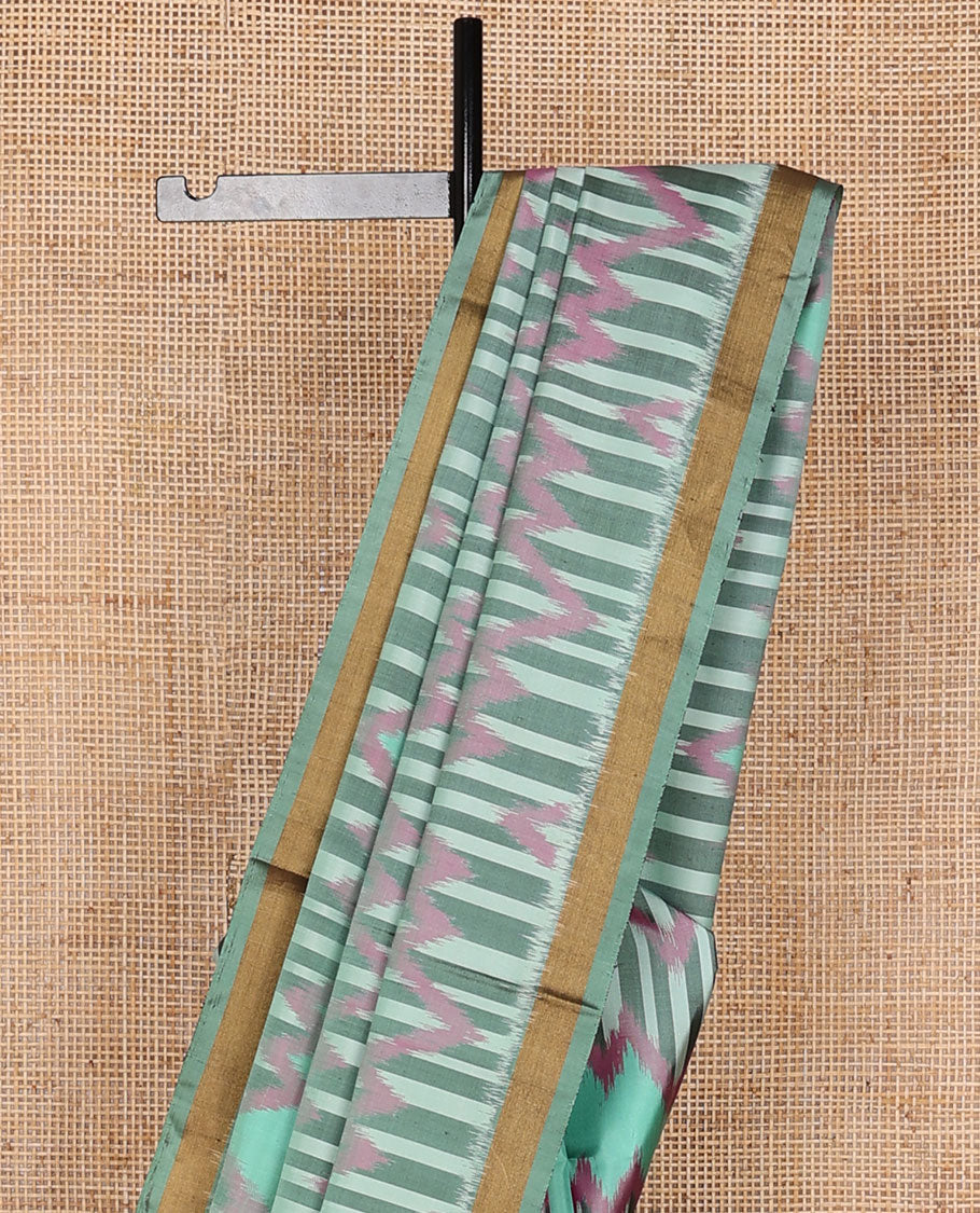 Blue chevron design pure ikkat saree, plain border & contrast geometric patterned pallu